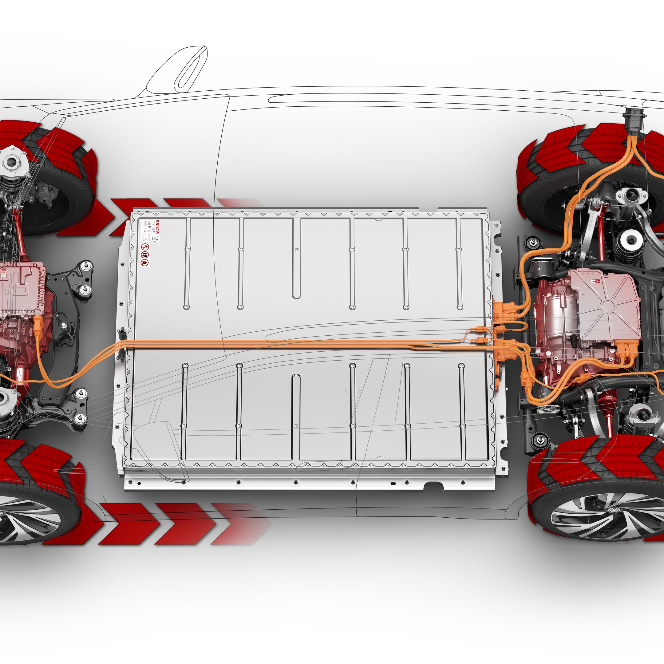 Grafik zeigt die Dualmotor Allradtechnologie im VW ID.4 GTX und ID.5 GTX