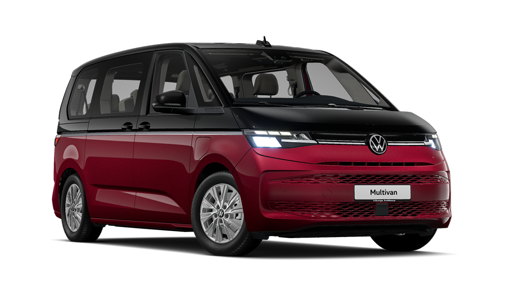 Ein rot-schwarzer VW Multivan schräg von vorne