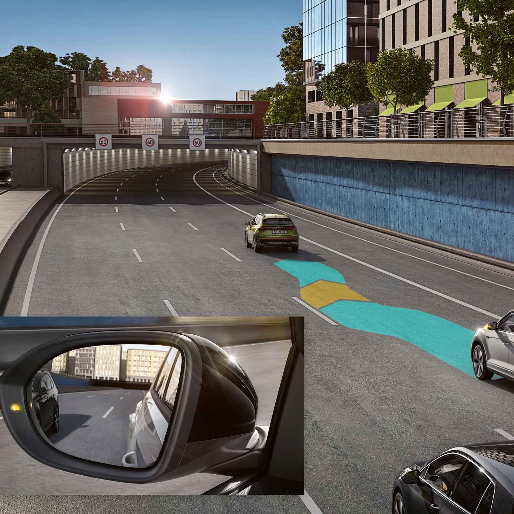 Seitenspiegel eines Volkswagen zum Thema Side Assist & Blind Spot Sensor