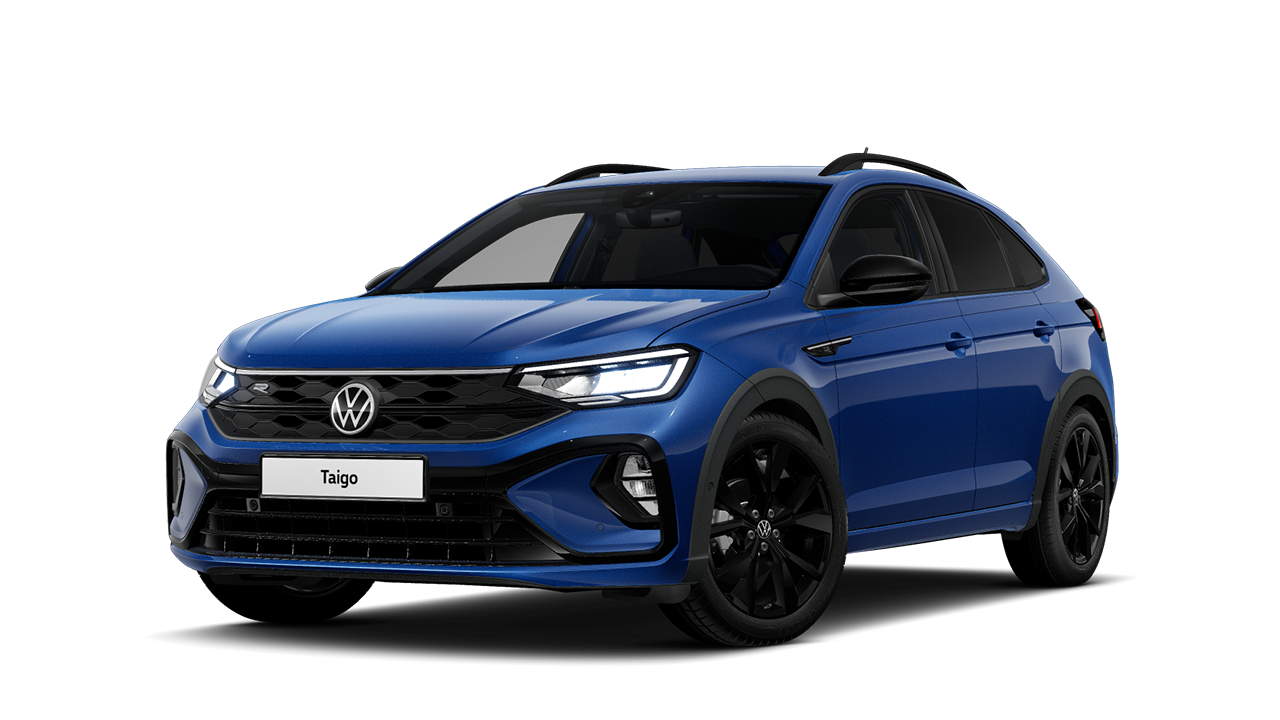 Schräge Frontansicht eine blauen VW Taigo R-Line