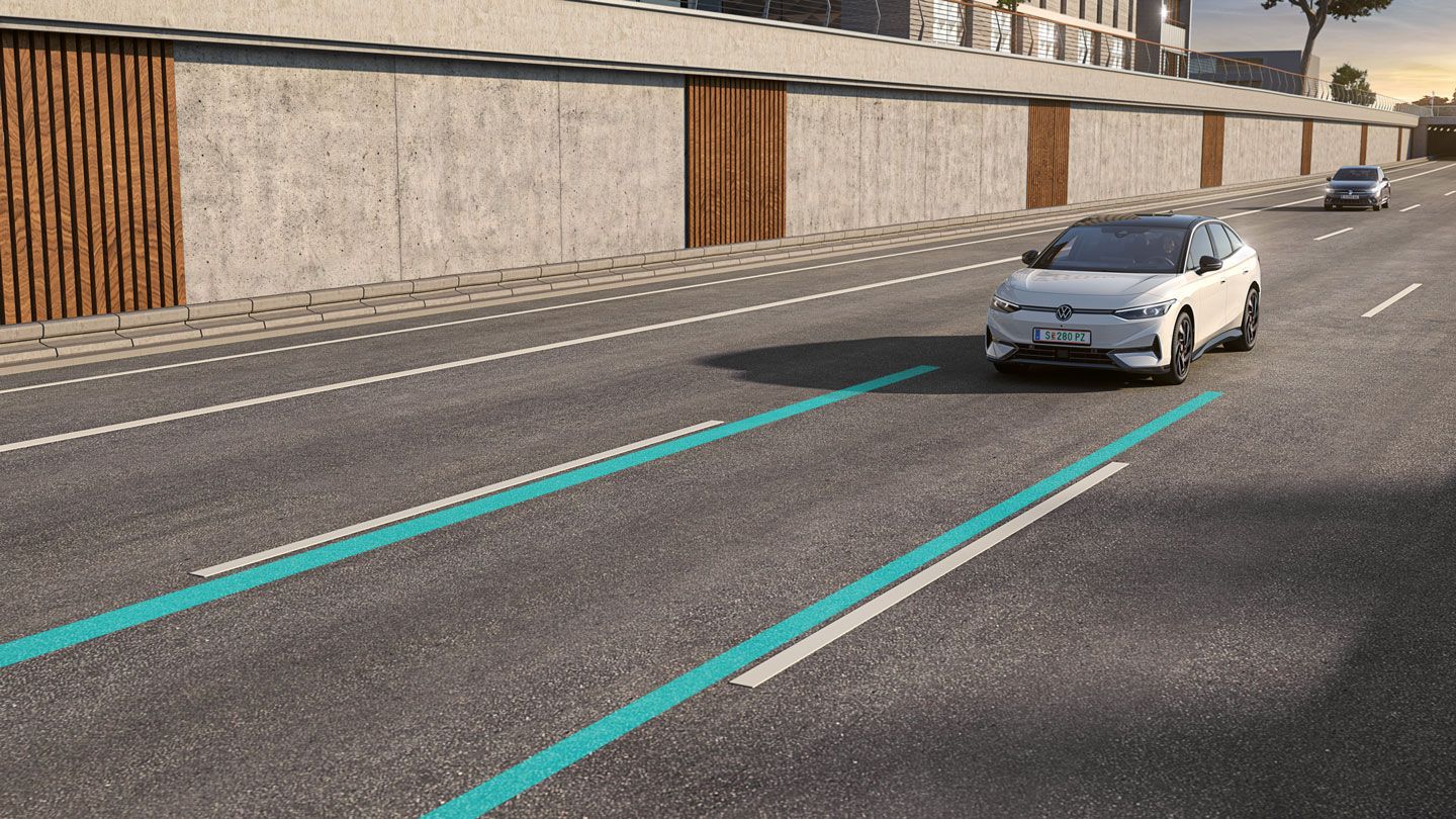 Grafik zeigt VW Spurhalteassistent Lane Assist im VW ID.7