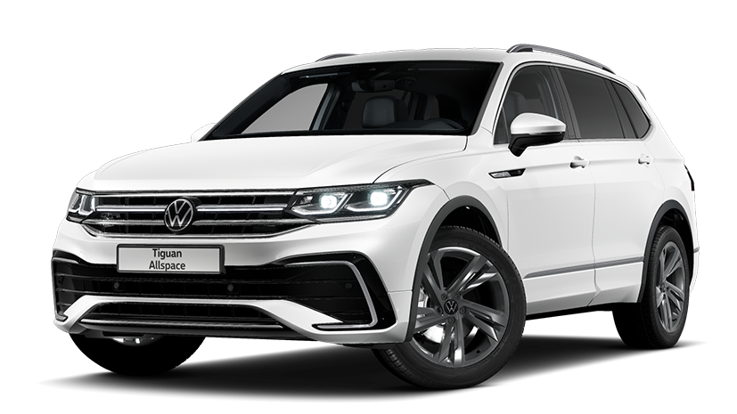 Frontansicht eines weißen VW Tiguan Allspace