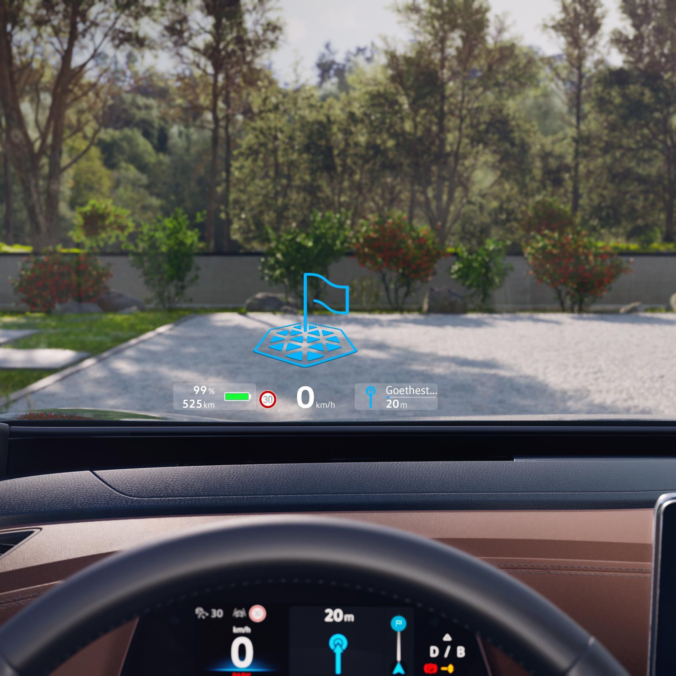 Detailansicht des AR-Head-up-Displays in der Windschutzsscheibe des VW ID.4, der in einer Einfahrt steht. Am unteren Bildrand sieht man durch das Lenkrad das digitale Cockpit.