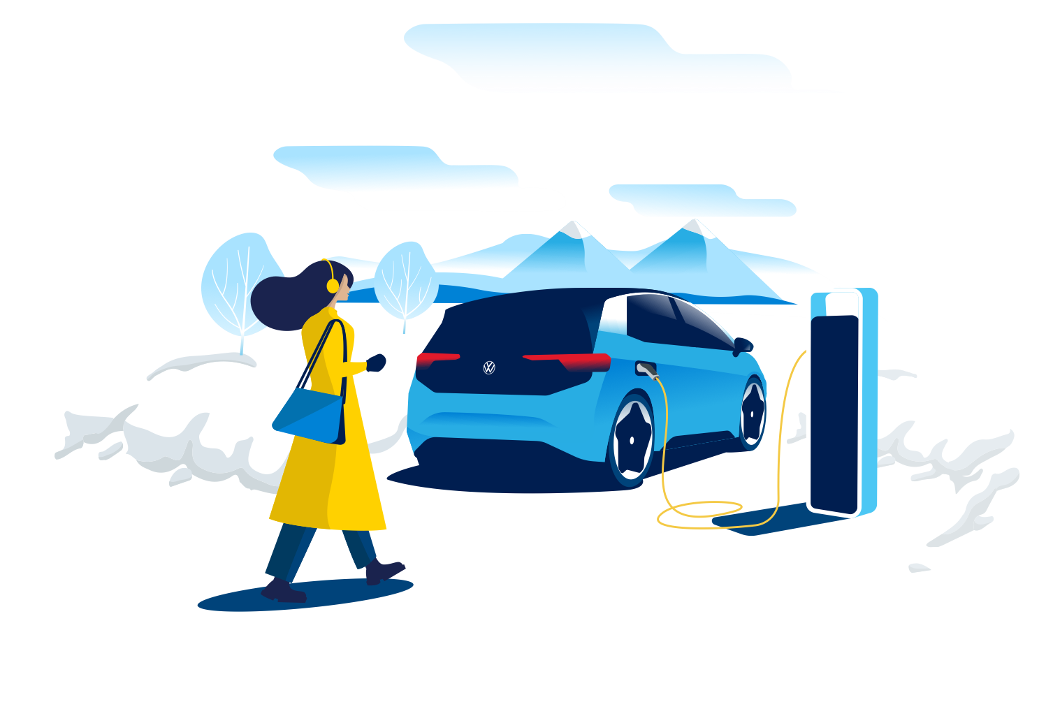 Illustration: Eine Frau nähert sich bei Kälte einem VW ID.3 an einer Ladestation.