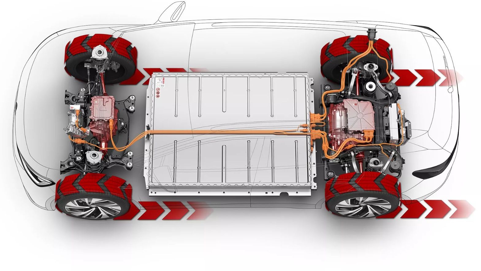 Grafik zeigt die Dualmotor Allradtechnologie im VW ID.4 GTX und ID.5 GTX