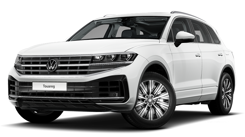 Ein weißer VW Touareg schräg von vorne