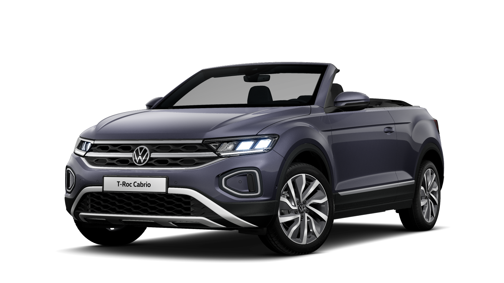 Ein rauchblaues VW T-Roc Cabrio schräg von vorne