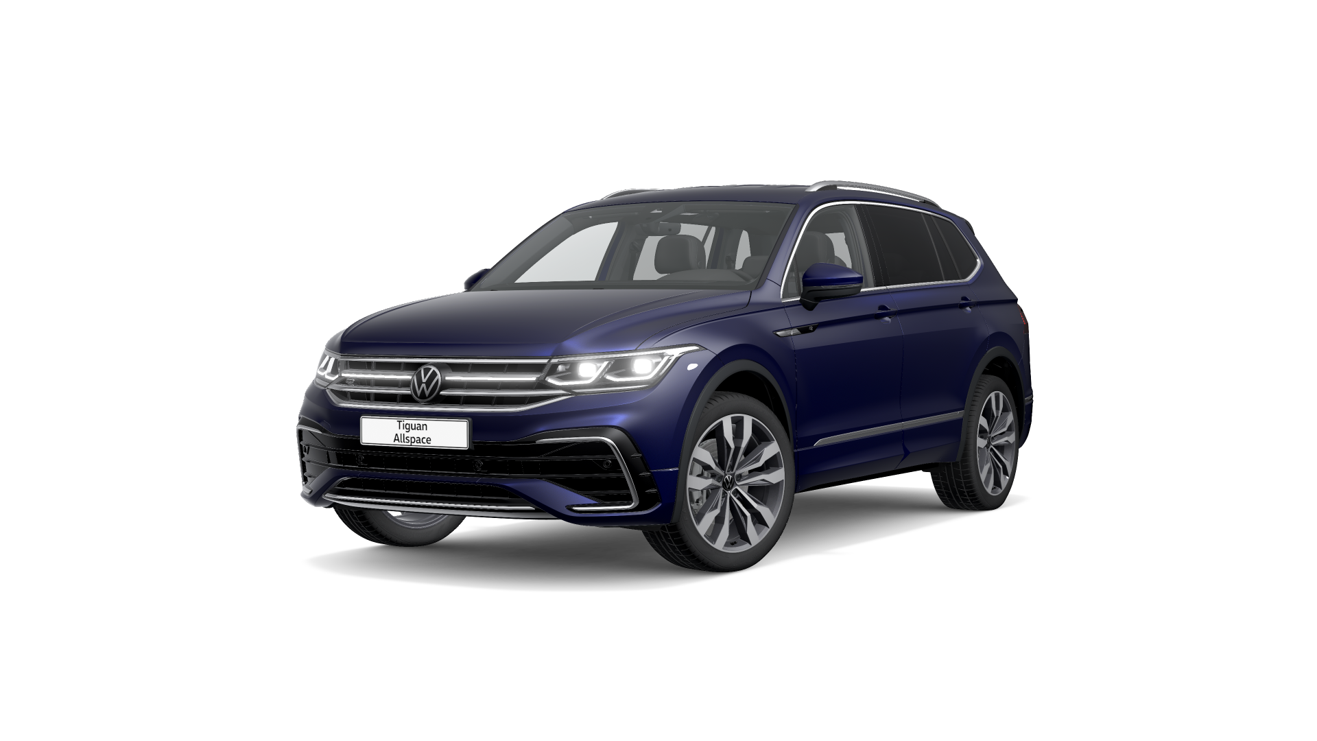 Ein blauer VW Tiguan Allspace schräg von vorne