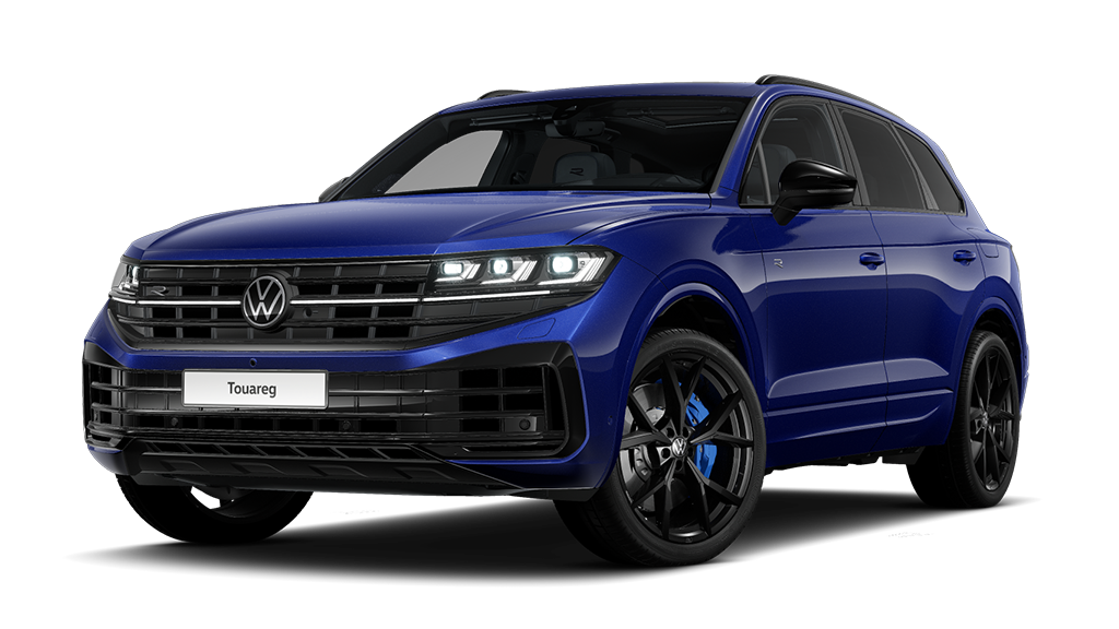 Ein lapizblauer VW Touareg R schräg von vorne