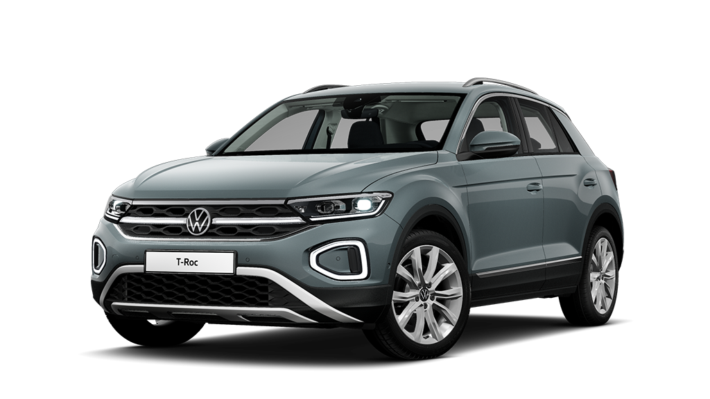 Grau-grüner VW T-Roc von schräg vorne