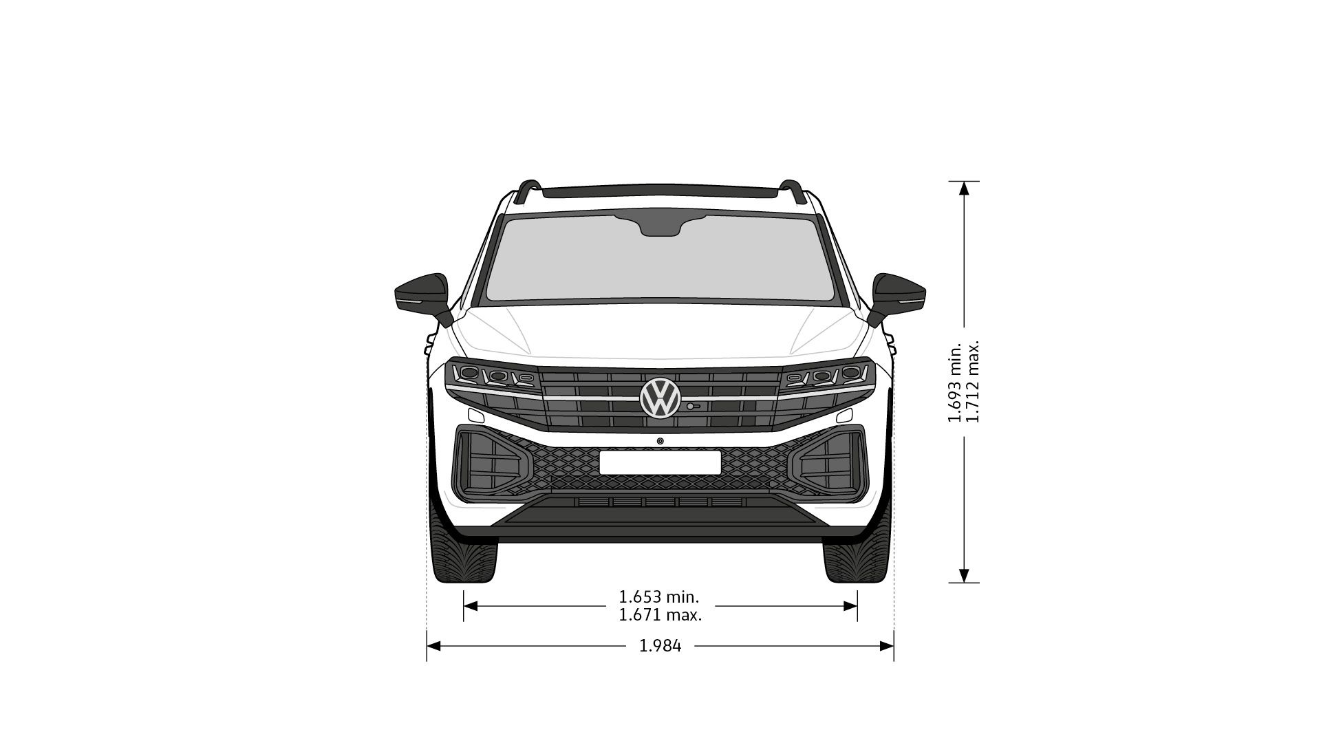 Frontale Ansicht des Touareg inklusive der Abmessungen